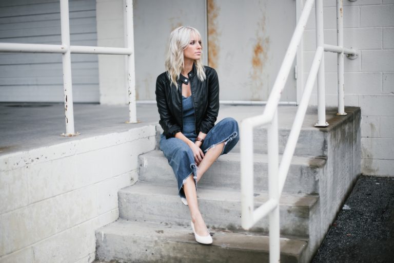 denim jumpsuit frayed wide leg culottes black biker leather jacket white kitten heels block blogger street style fall autumn 2016 // Charleston Fashion Blogger Dannon Almost Happening