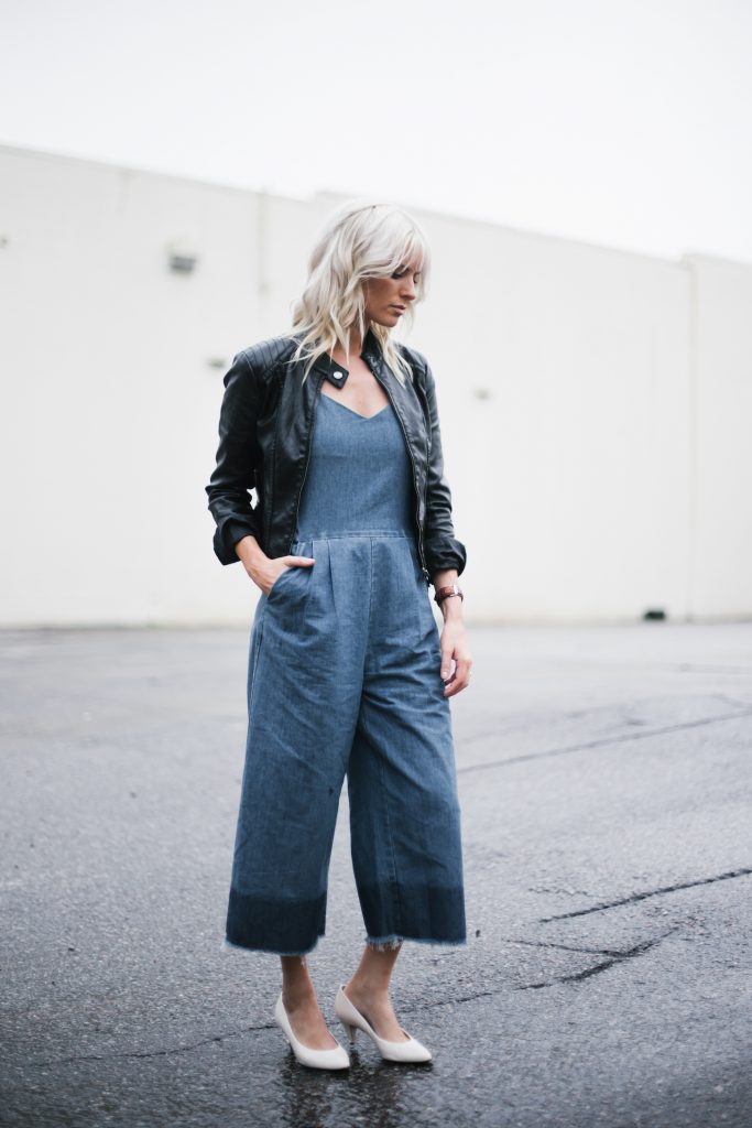denim jumpsuit frayed wide leg culottes black biker leather jacket white kitten heels block blogger street style fall autumn 2016 // Charleston Fashion Blogger Dannon Almost Happening