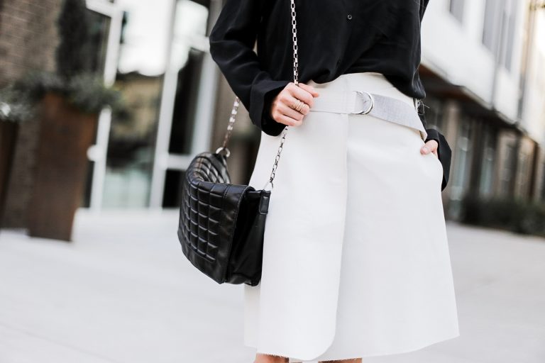 Brady Bunch 90’s street style fall autumn trends 2016 wrap skirt white black satin blouse button up tan slip-on mules// Charleston Fashion Blogger Dannon Almost Happening