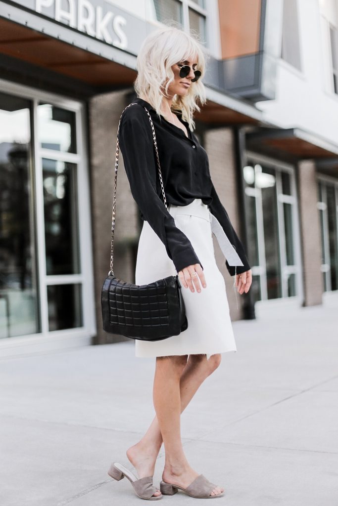 Brady Bunch 90’s street style fall autumn trends 2016 wrap skirt white black satin blouse button up tan slip-on mules// Charleston Fashion Blogger Dannon Almost Happening 