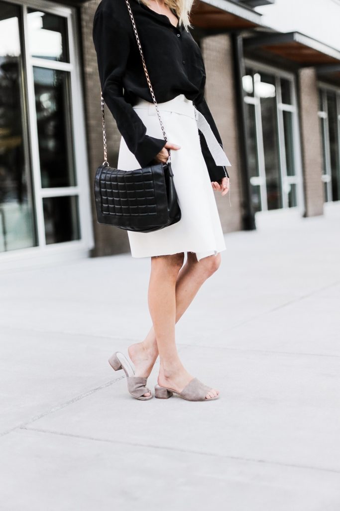 Brady Bunch 90’s street style fall autumn trends 2016 wrap skirt white black satin blouse button up tan slip-on mules// Charleston Fashion Blogger Dannon Almost Happening 