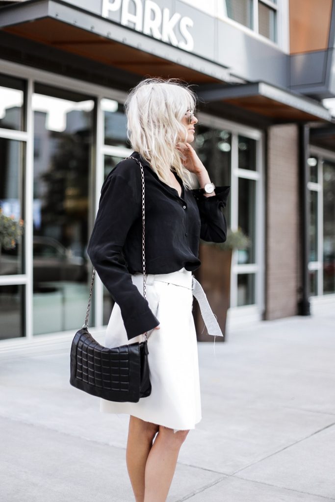 Brady Bunch 90’s street style fall autumn trends 2016 wrap skirt white black satin blouse button up tan slip-on mules// Charleston Fashion Blogger Dannon Almost Happening 