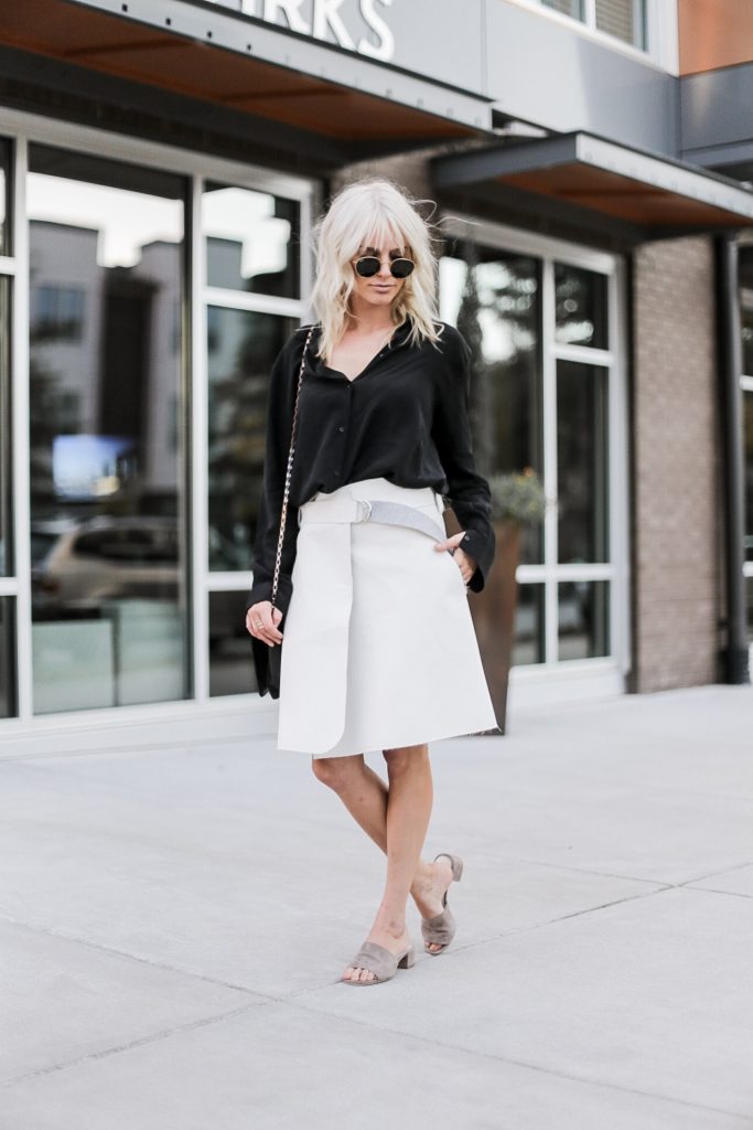 Brady Bunch 90’s street style fall autumn trends 2016 wrap skirt white black satin blouse button up tan slip-on mules// Charleston Fashion Blogger Dannon Almost Happening 