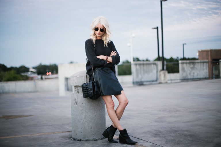 chunky knits and mini skirts navy oversized sweater forever 21 wrap a line high waist mini skirt snake print monochrome ankle boots street style fall autumn trends 2016 // Charleston Fashion Blogger Dannon Almost Happening