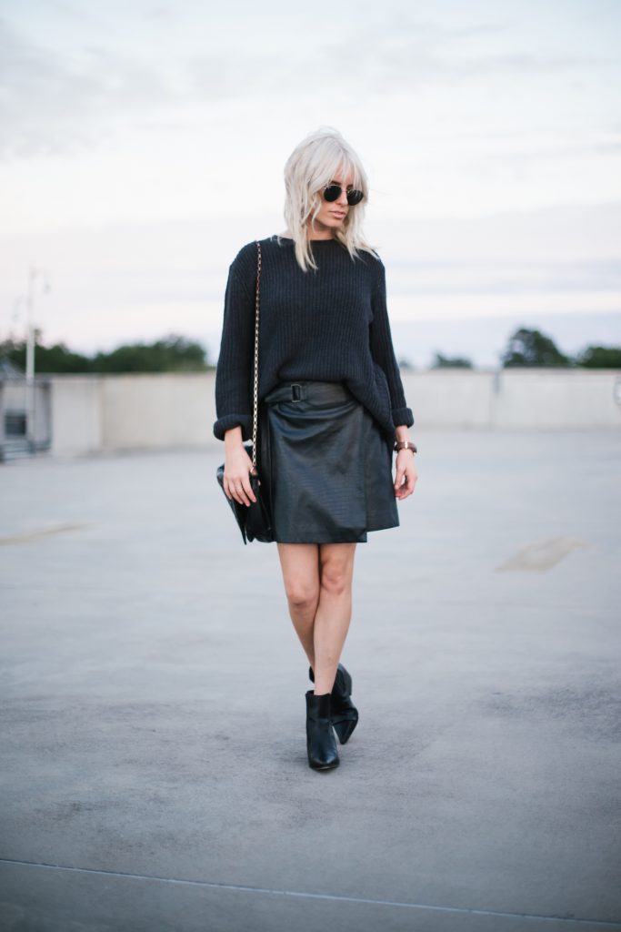 chunky knits and mini skirts navy oversized sweater forever 21 wrap a line high waist mini skirt snake print monochrome ankle boots street style fall autumn trends 2016 // Charleston Fashion Blogger Dannon Almost Happening 