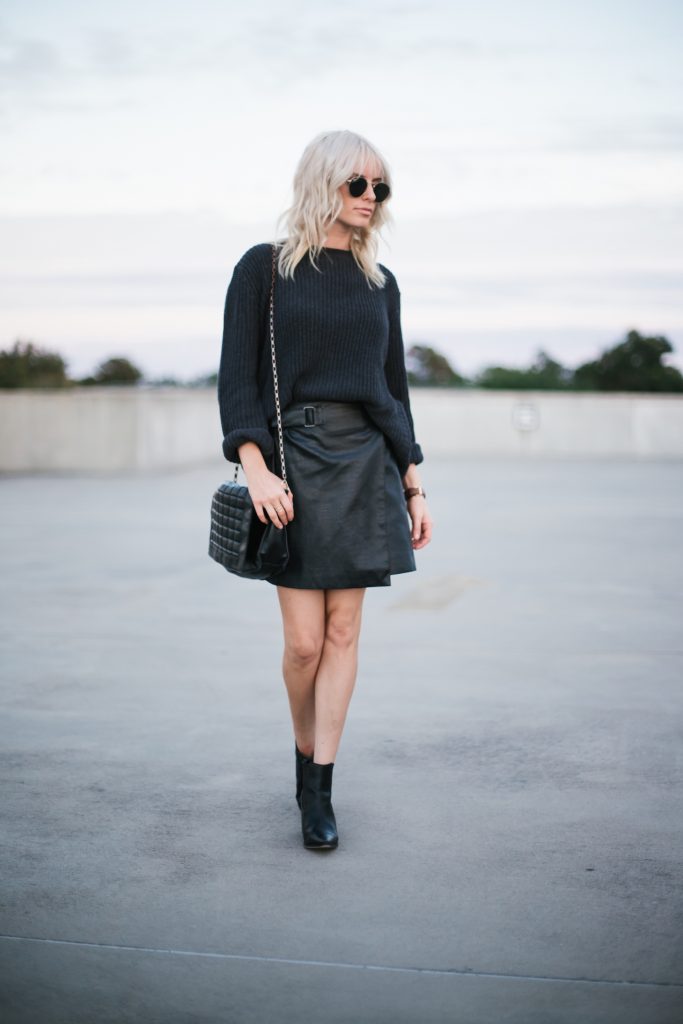 chunky knits and mini skirts navy oversized sweater forever 21 wrap a line high waist mini skirt snake print monochrome ankle boots street style fall autumn trends 2016 // Charleston Fashion Blogger Dannon Almost Happening 