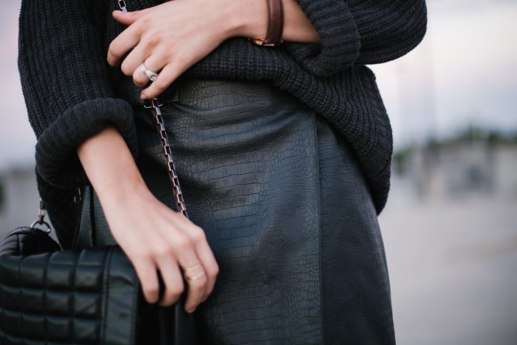 chunky knits and mini skirts navy oversized sweater forever 21 wrap a line high waist mini skirt snake print monochrome ankle boots street style fall autumn trends 2016 // Charleston Fashion Blogger Dannon Almost Happening 