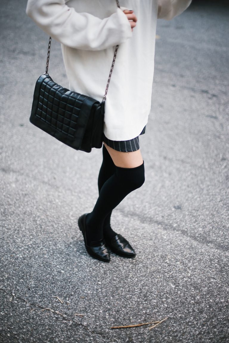 High Socks black knee-highs loafers pinstripe skirt oversized high neck knit cream sweater street style fall autumn 2016 // Charleston Fashion Blogger Dannon Almost Happening
