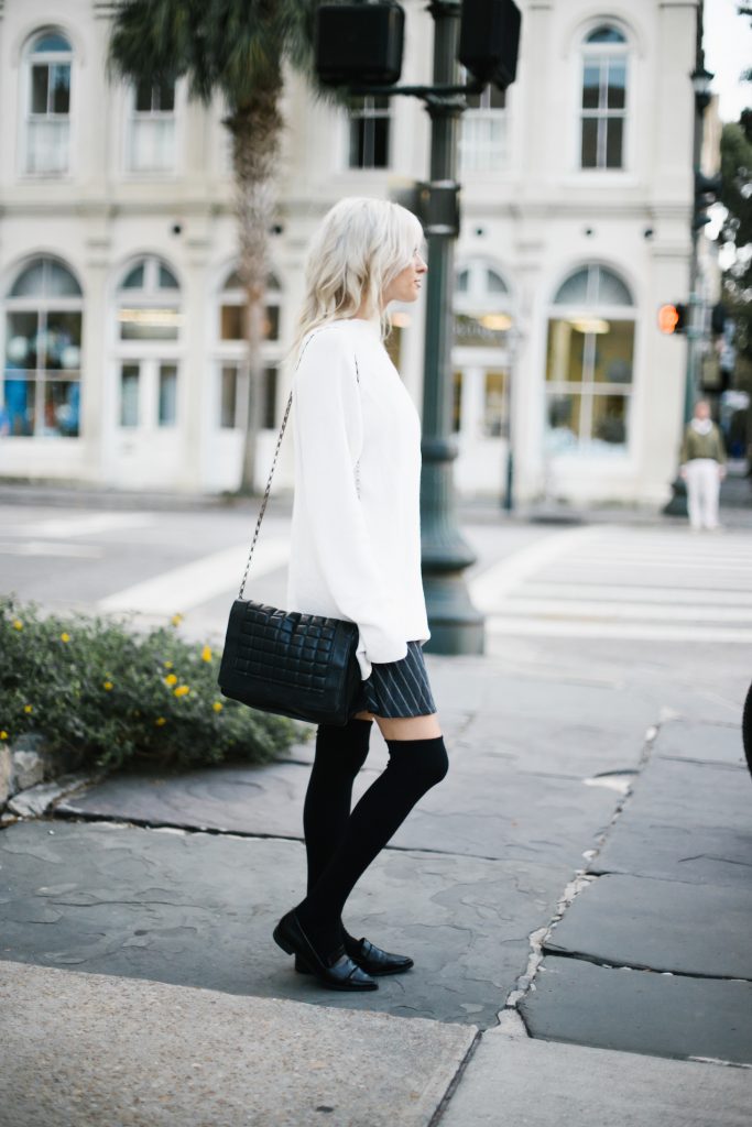 High Socks black knee-highs loafers pinstripe skirt oversized high neck knit cream sweater street style fall autumn 2016 // Charleston Fashion Blogger Dannon Almost Happening 