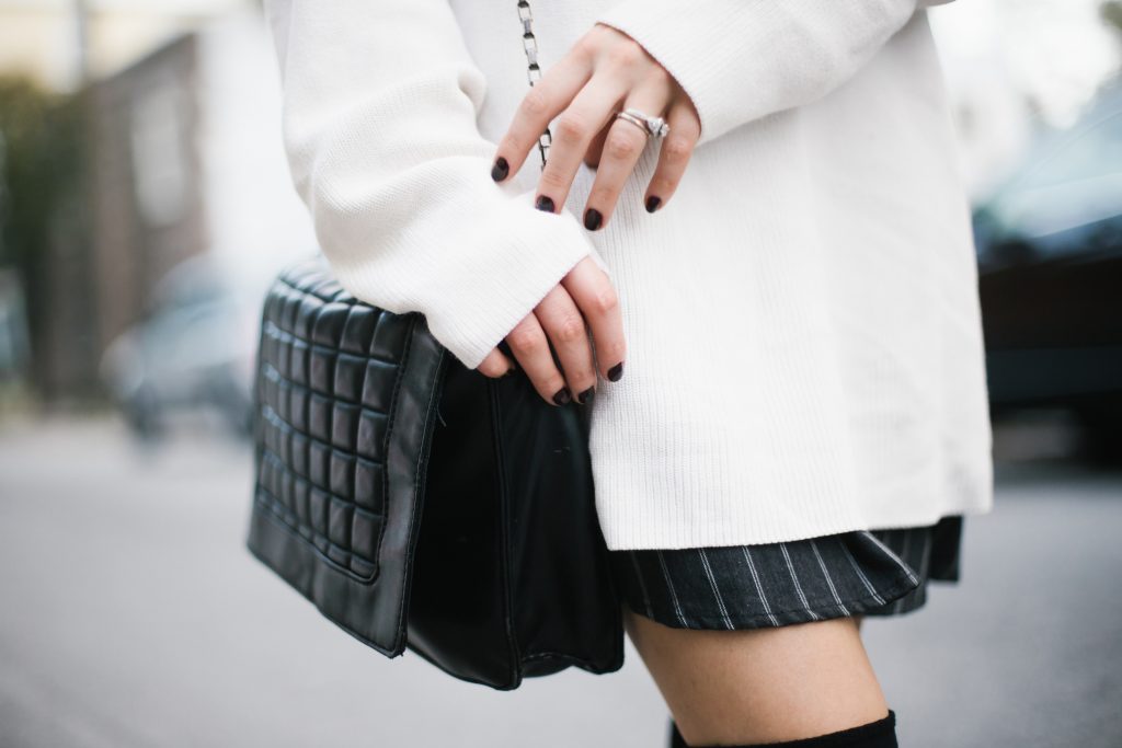 High Socks black knee-highs loafers pinstripe skirt oversized high neck knit cream sweater street style fall autumn 2016 // Charleston Fashion Blogger Dannon Almost Happening 