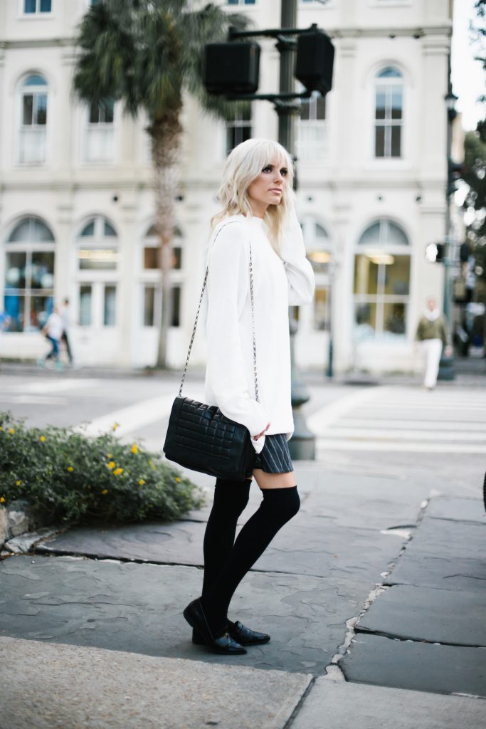 High Socks black knee-highs loafers pinstripe skirt oversized high neck knit cream sweater street style fall autumn 2016 // Charleston Fashion Blogger Dannon Almost Happening