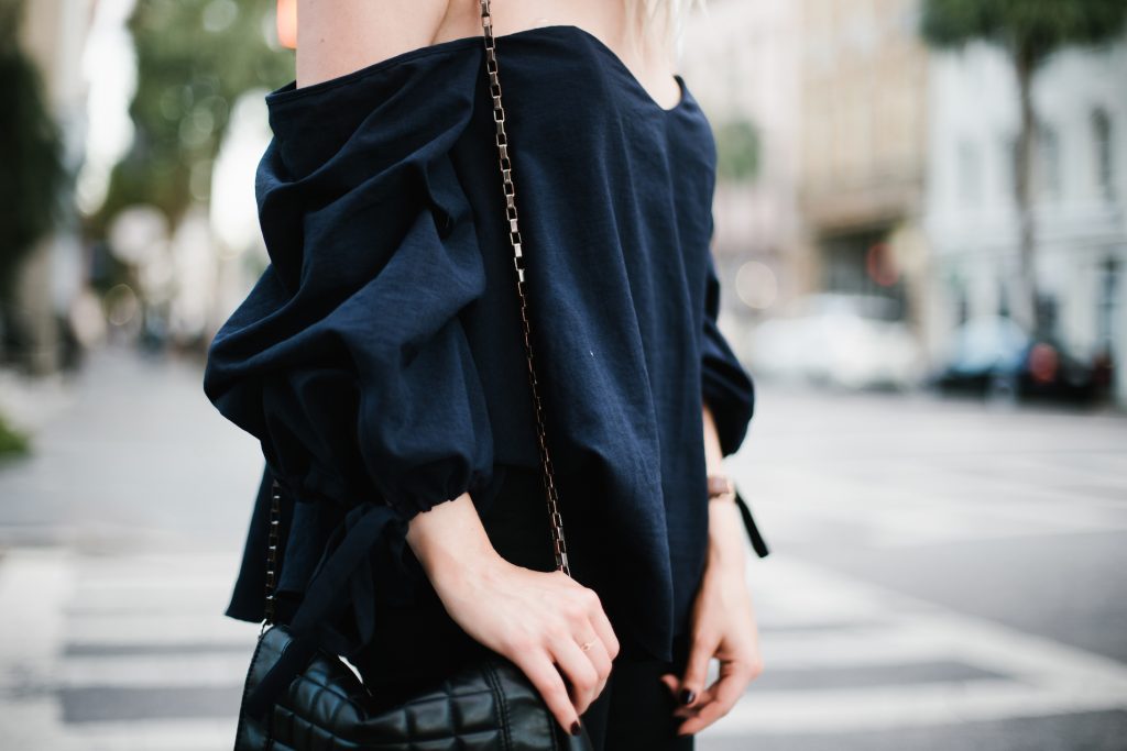 navy off the shoulder black skinny jeans patent leather ankle boots fall blogger street style fall autumn 2016 // Charleston Fashion Blogger Dannon Almost Happening 