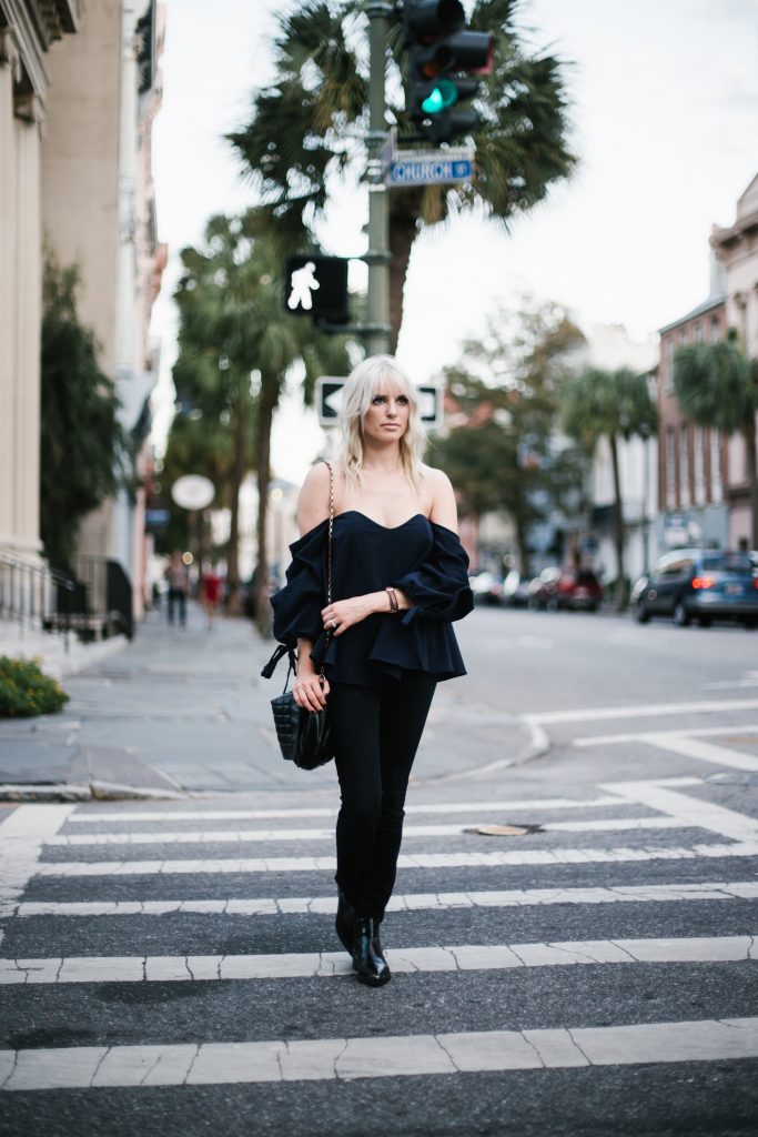 navy off the shoulder black skinny jeans patent leather ankle boots fall blogger street style fall autumn 2016 // Charleston Fashion Blogger Dannon Almost Happening 