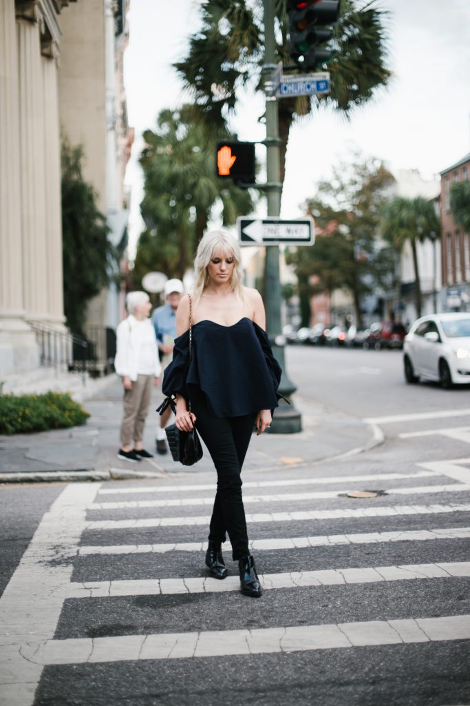 navy off the shoulder black skinny jeans patent leather ankle boots fall blogger street style fall autumn 2016 // Charleston Fashion Blogger Dannon Almost Happening 
