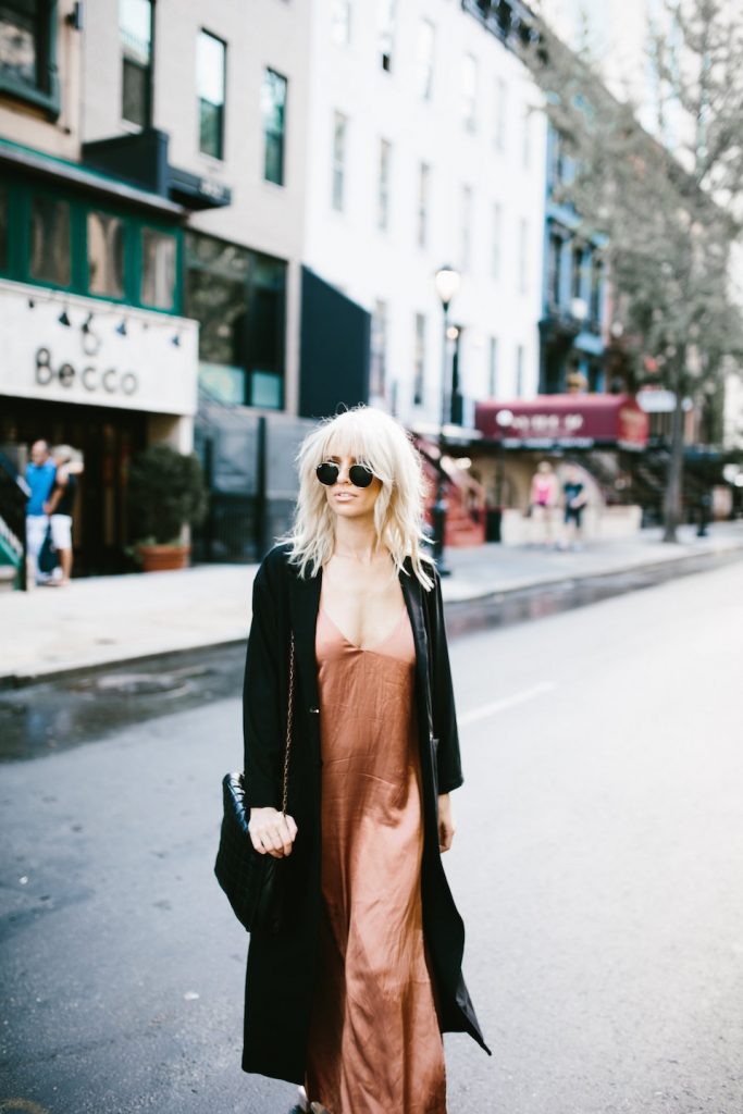 Rusty rust satin dress oversized coat mules street style New York Fashion Week NYFW Manhattan fall autumn trends 2016 // Charleston Fashion Blogger Dannon Almost Happening 