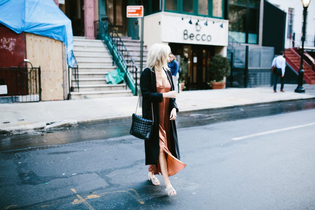 Rusty rust satin dress oversized coat mules street style New York Fashion Week NYFW Manhattan fall autumn trends 2016 // Charleston Fashion Blogger Dannon Almost Happening 