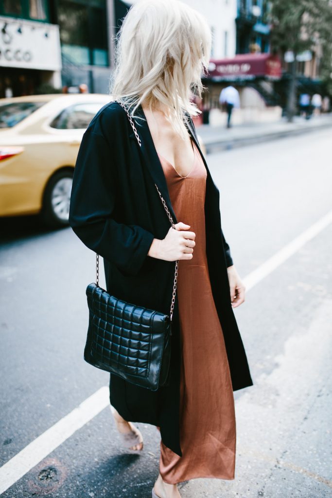 Rusty rust satin dress oversized coat mules street style New York Fashion Week NYFW Manhattan fall autumn trends 2016 // Charleston Fashion Blogger Dannon Almost Happening 