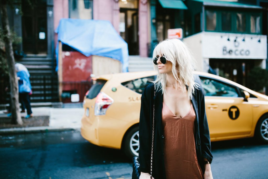 Rusty rust satin dress oversized coat mules street style New York Fashion Week NYFW Manhattan fall autumn trends 2016 // Charleston Fashion Blogger Dannon Almost Happening 