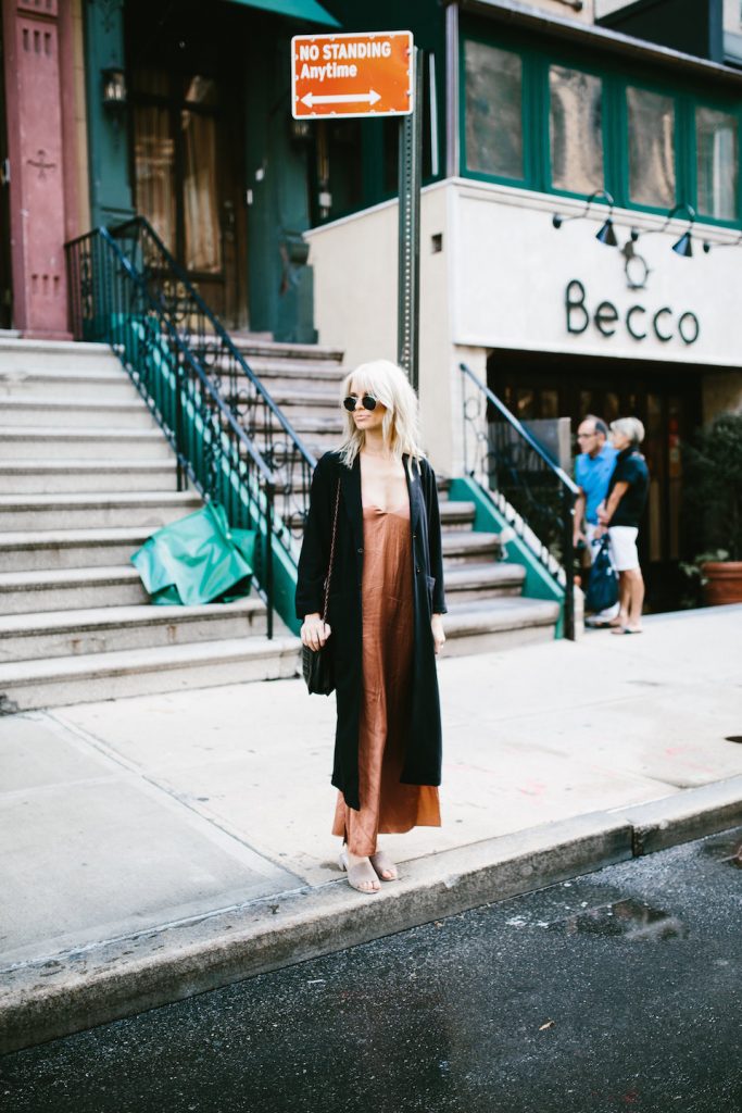 Rusty rust satin dress oversized coat mules street style New York Fashion Week NYFW Manhattan fall autumn trends 2016 // Charleston Fashion Blogger Dannon Almost Happening 