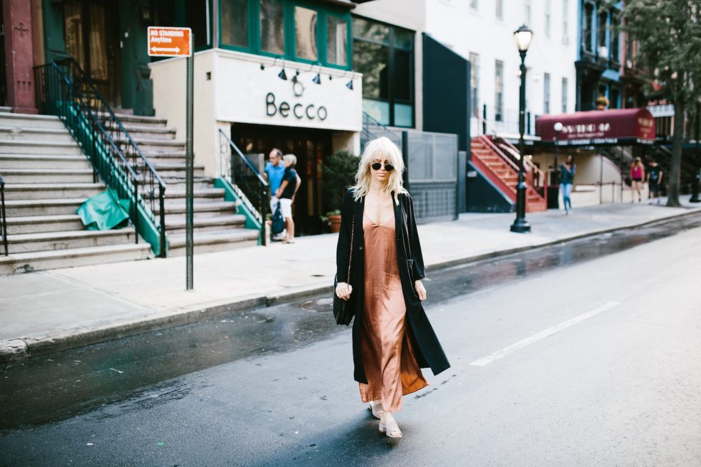 Rusty rust satin dress oversized coat mules street style New York Fashion Week NYFW Manhattan fall autumn trends 2016 // Charleston Fashion Blogger Dannon Almost Happening 