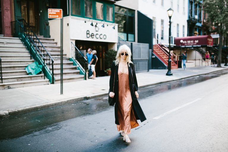 Rusty rust satin dress oversized coat mules street style New York Fashion Week NYFW Manhattan fall autumn trends 2016 // Charleston Fashion Blogger Dannon Almost Happening