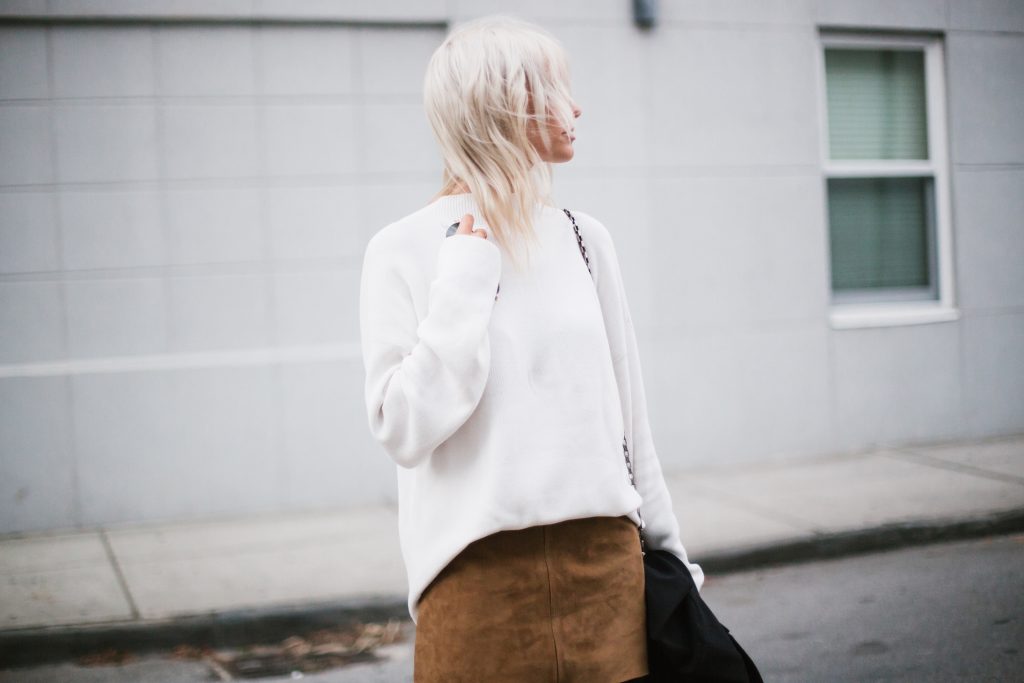 Fall Suedes oversized white mock neck sweater suede mini skirt black coat patent leather ankle boots street style fall autumn trends 2016 // Charleston Fashion Blogger Dannon Almost Happening 