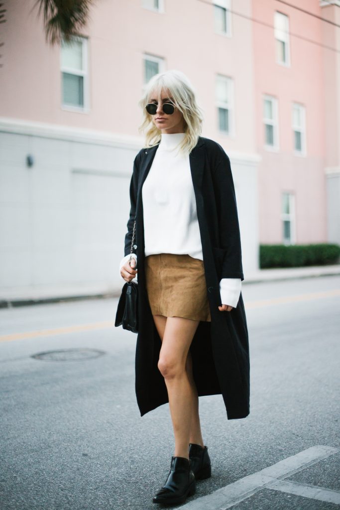 Fall Suedes oversized white mock neck sweater suede mini skirt black coat patent leather ankle boots street style fall autumn trends 2016 // Charleston Fashion Blogger Dannon Almost Happening 