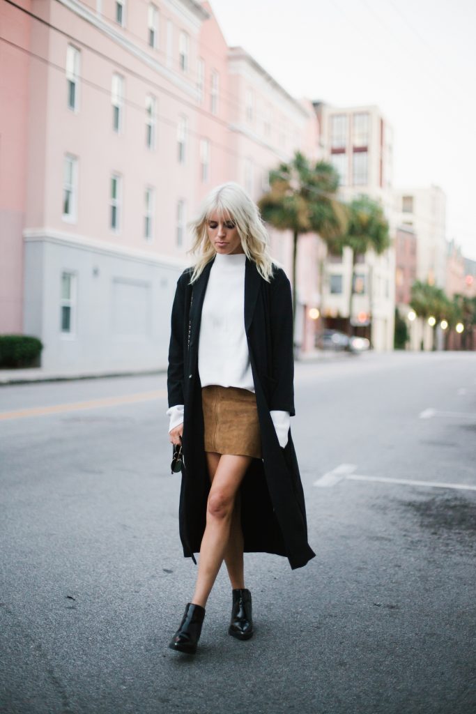 Fall Suedes oversized white mock neck sweater suede mini skirt black coat patent leather ankle boots street style fall autumn trends 2016 // Charleston Fashion Blogger Dannon Almost Happening 