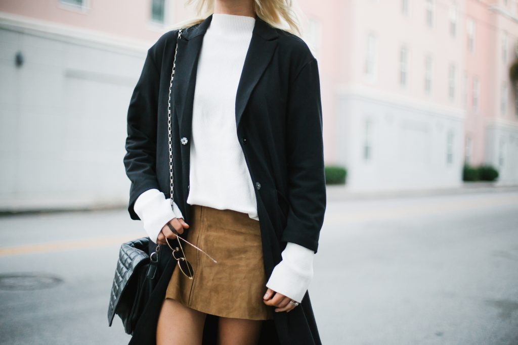 Fall Suedes oversized white mock neck sweater suede mini skirt black coat patent leather ankle boots street style fall autumn trends 2016 // Charleston Fashion Blogger Dannon Almost Happening 