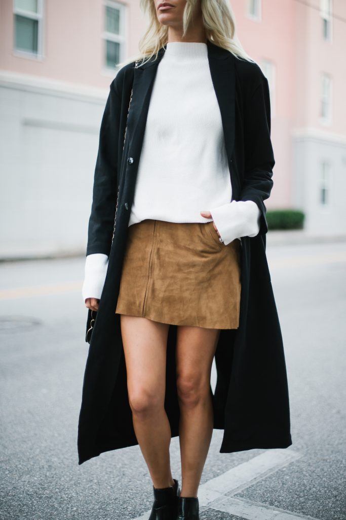 Fall Suedes oversized white mock neck sweater suede mini skirt black coat patent leather ankle boots street style fall autumn trends 2016 // Charleston Fashion Blogger Dannon Almost Happening 