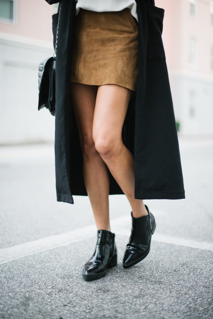 Fall Suedes oversized white mock neck sweater suede mini skirt black coat patent leather ankle boots street style fall autumn trends 2016 // Charleston Fashion Blogger Dannon Almost Happening 