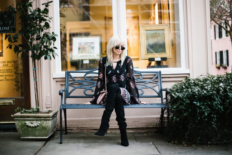 Long sleeve floral dress target bell sleeve shift dress thigh high boots black suede h&M street style fall autumn trends 2016 // Charleston Fashion Blogger Dannon Almost Happening