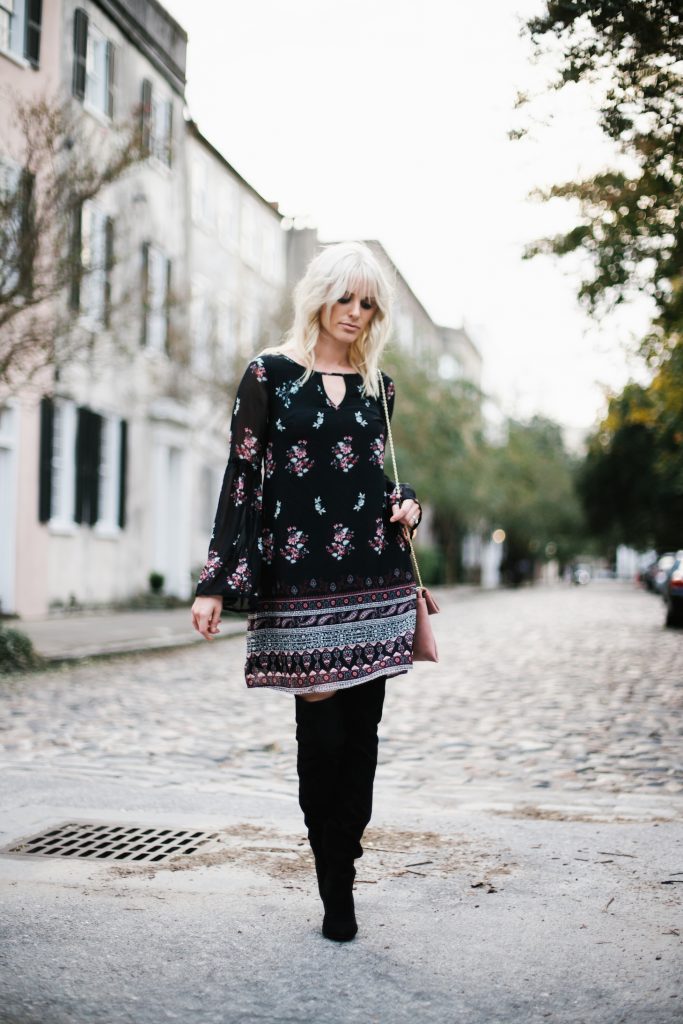Long sleeve floral dress target bell sleeve shift dress thigh high boots black suede h&M street style fall autumn trends 2016 // Charleston Fashion Blogger Dannon Almost Happening 