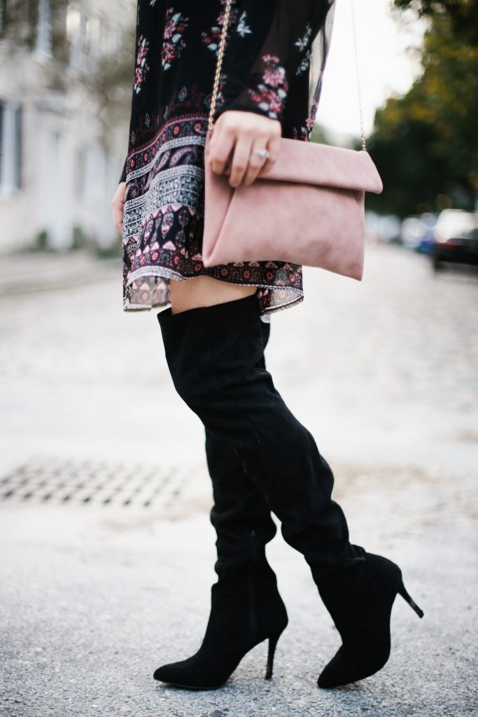 Long sleeve floral dress target bell sleeve shift dress thigh high boots black suede h&M street style fall autumn trends 2016 // Charleston Fashion Blogger Dannon Almost Happening 