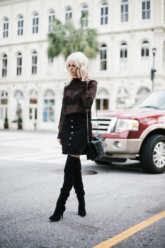 Who What Wear ruffle blouse target sheer long sleeve mock neck button up a line black skirt over-the-knee black suede boots street style fall autumn trends 2016 // Charleston Fashion Blogger Dannon Almost Happening 