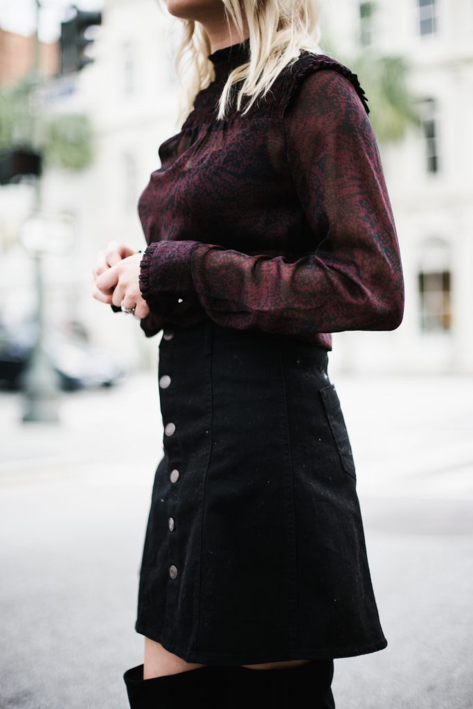 Who What Wear ruffle blouse target sheer long sleeve mock neck button up a line black skirt over-the-knee black suede boots street style fall autumn trends 2016 // Charleston Fashion Blogger Dannon Almost Happening 
