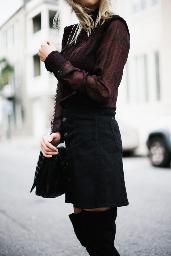 Who What Wear ruffle blouse target sheer long sleeve mock neck button up a line black skirt over-the-knee black suede boots street style fall autumn trends 2016 // Charleston Fashion Blogger Dannon Almost Happening 