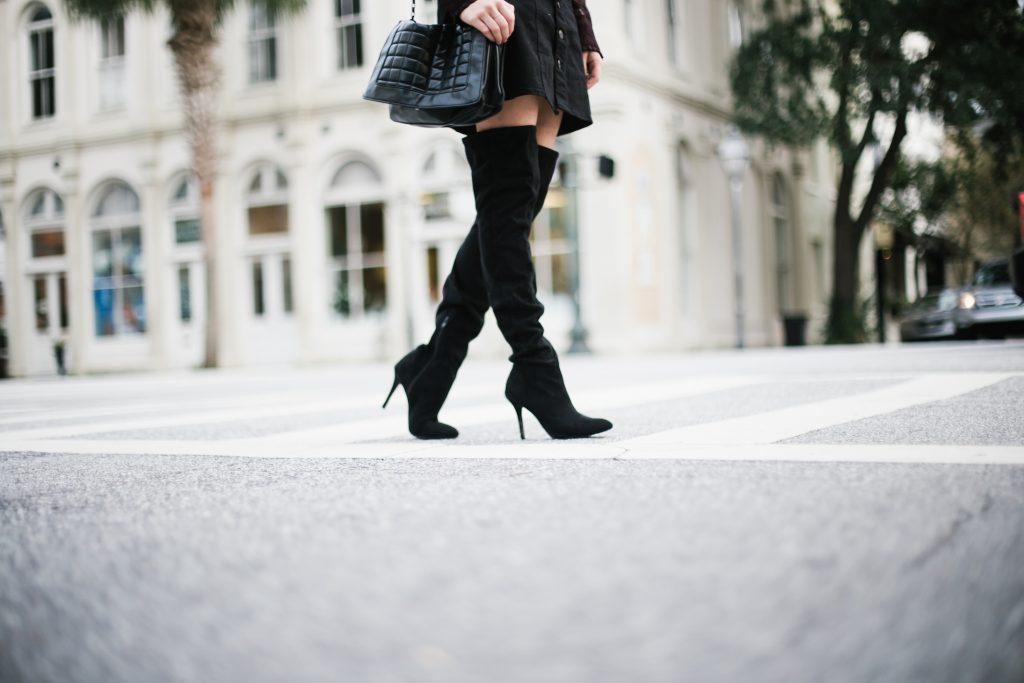 Who What Wear ruffle blouse target sheer long sleeve mock neck button up a line black skirt over-the-knee black suede boots street style fall autumn trends 2016 // Charleston Fashion Blogger Dannon Almost Happening 