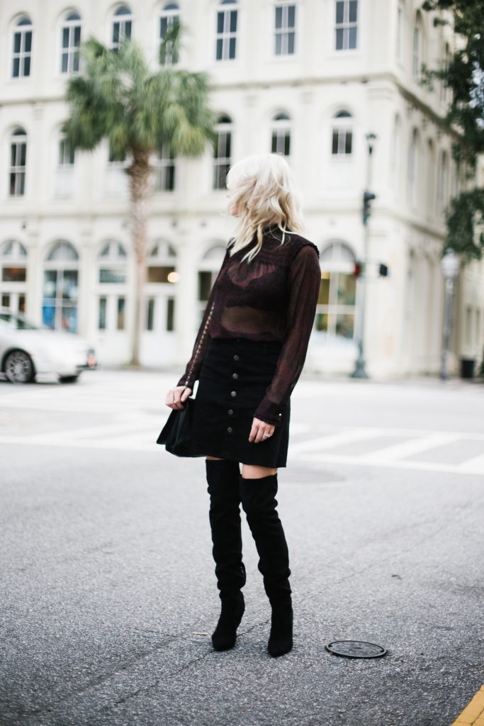 Who What Wear ruffle blouse target sheer long sleeve mock neck button up a line black skirt over-the-knee black suede boots street style fall autumn trends 2016 // Charleston Fashion Blogger Dannon Almost Happening 
