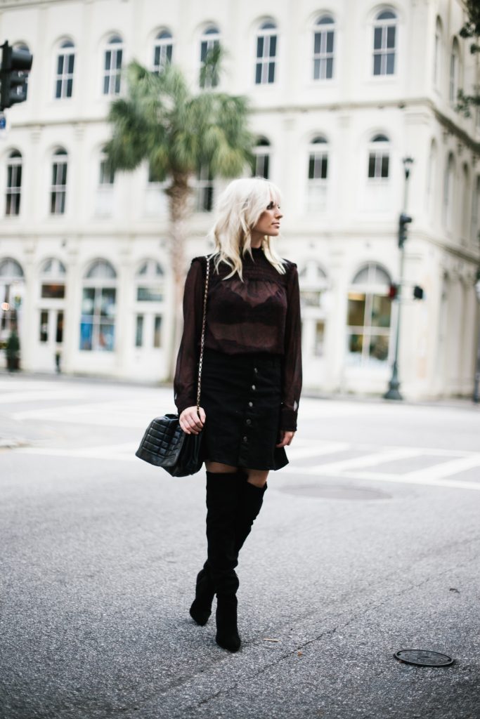 Who What Wear ruffle blouse target sheer long sleeve mock neck button up a line black skirt over-the-knee black suede boots street style fall autumn trends 2016 // Charleston Fashion Blogger Dannon Almost Happening 