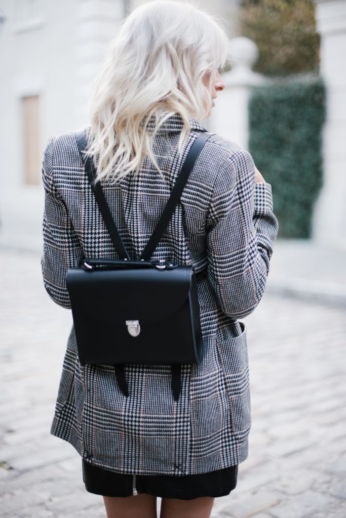 Cambridge Poppy Backpack houndstooth coat jacket leather mini skirt pointed ankle boots Fall Autumn blogger street style // Charleston Fashion Blogger Dannon Almost Happening