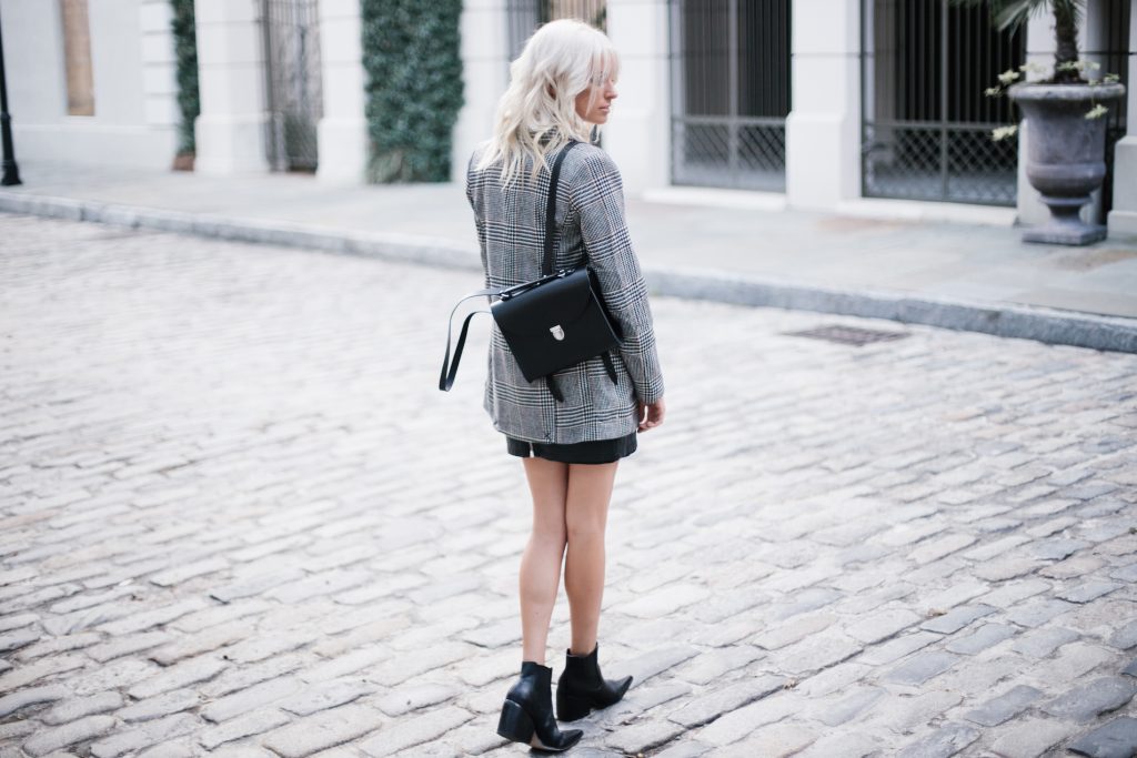 houndstooth coat Cambridge Poppy Backpack jacket leather mini skirt pointed ankle boots Fall Autumn blogger street style // Charleston Fashion Blogger Dannon Almost Happening