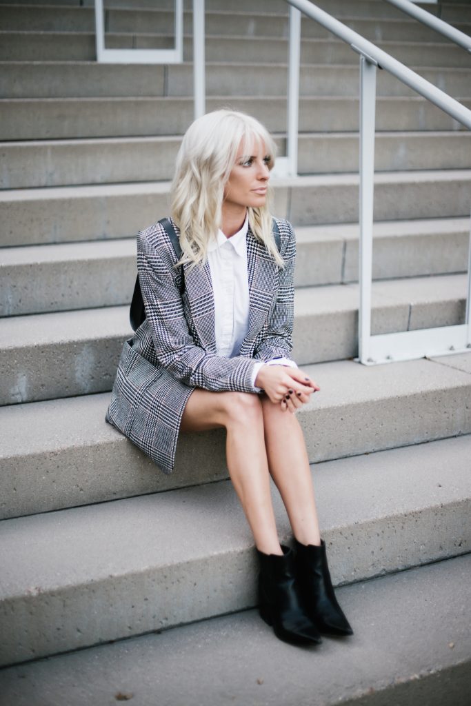 Cambridge Poppy Backpack houndstooth coat jacket leather mini skirt pointed ankle boots Fall Autumn blogger street style // Charleston Fashion Blogger Dannon Almost Happening