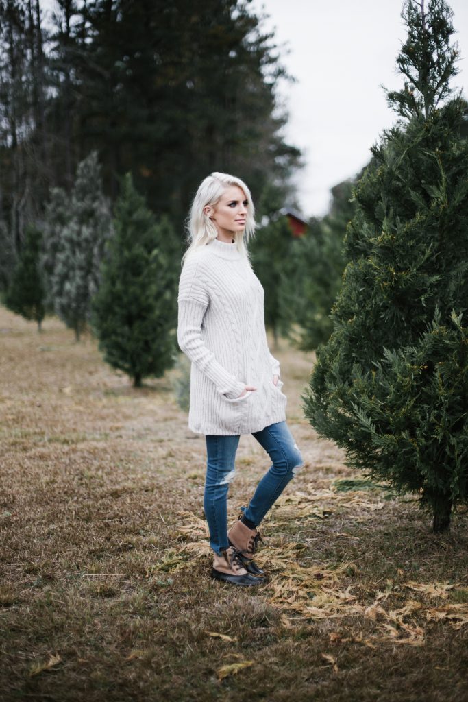 Christmas with Abercrombie & Fitch Tree farm cream cable knit turtleneck high rise super skinny jeans G.H. Bass & Co Duck boots blogger winter street style // Charleston Fashion Blogger Dannon Almost Happening 