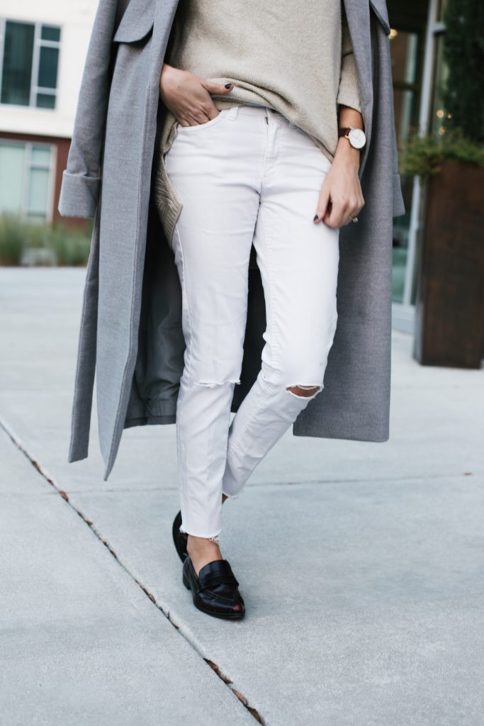 Neutrals layers grey coat white skinny jeans loafers minimalist blogger Fall Autumn blogger street style  // Charleston Fashion Blogger Dannon Almost Happening  