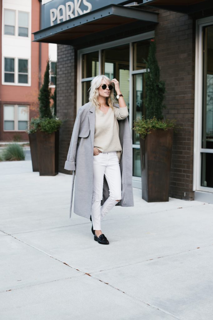 Neutrals layers grey coat white skinny jeans loafers minimalist blogger Fall Autumn blogger street style  // Charleston Fashion Blogger Dannon Almost Happening  