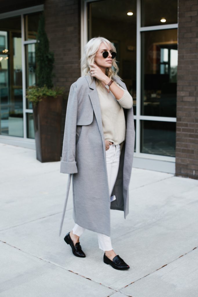 Neutrals layers grey coat white skinny jeans loafers minimalist blogger Fall Autumn blogger street style  // Charleston Fashion Blogger Dannon Almost Happening  