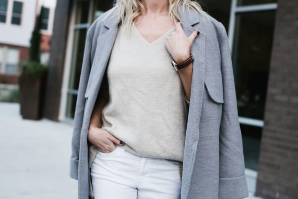 Neutrals layers grey coat white skinny jeans loafers minimalist blogger Fall Autumn blogger street style  // Charleston Fashion Blogger Dannon Almost Happening  