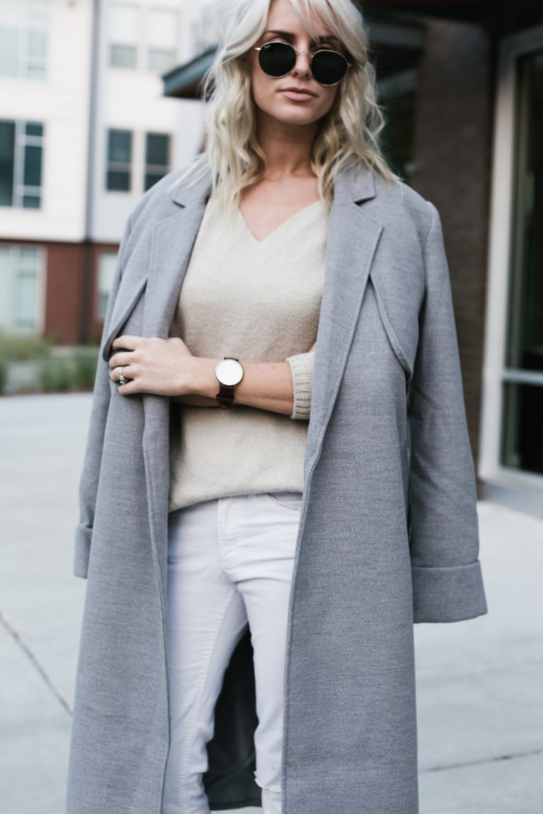 Neutrals layers grey coat white skinny jeans loafers minimalist blogger Fall Autumn blogger street style // Charleston Fashion Blogger Dannon Almost Happening