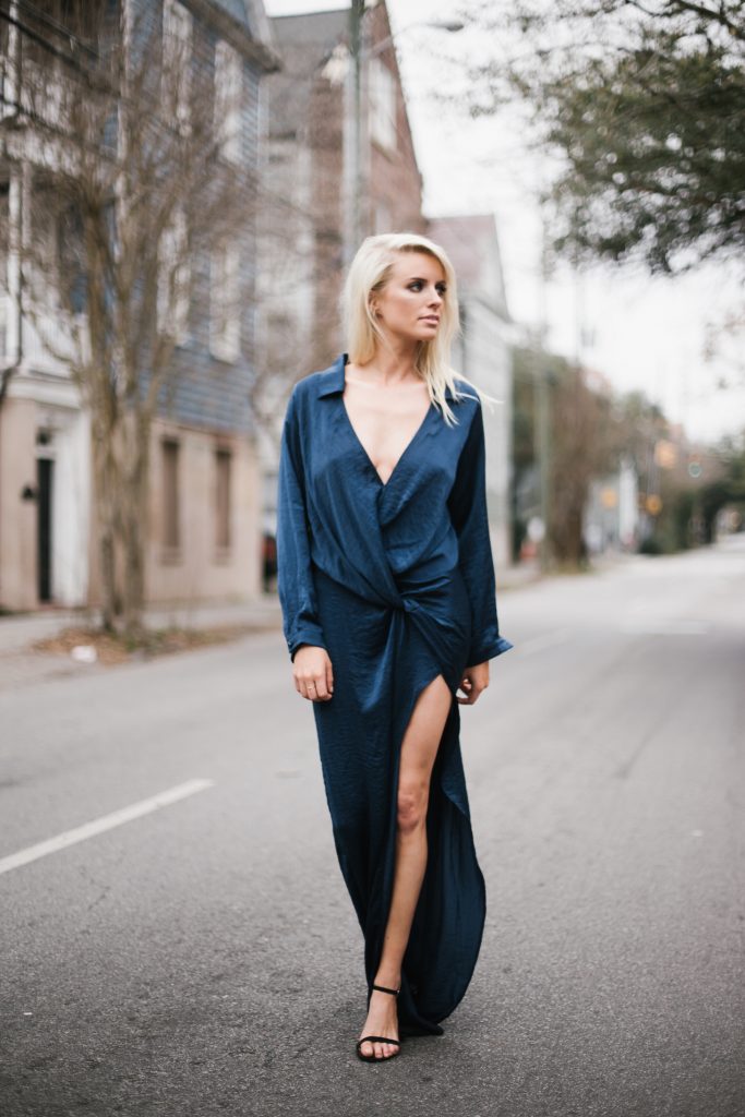 Hostess with the Mostess Forever 21 Satin Knotted high slit maxi dress long sleeve plunge neckline street style winter 2017 // Charleston Fashion Blogger Dannon Almost Happening 